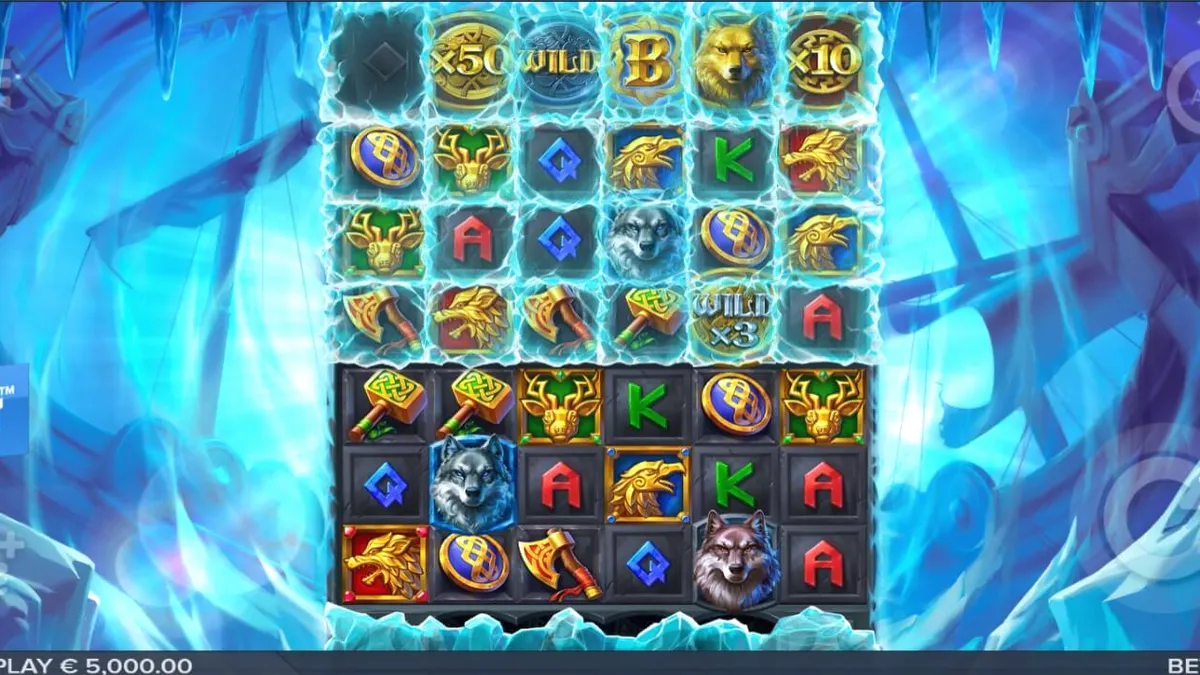 Pemandangan visual slot Ice Wolf 2 dengan grid es yang membeku dan simbol serigala yang megah.