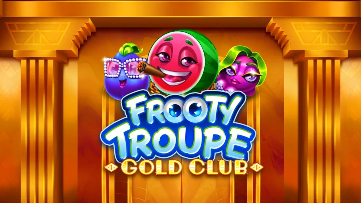 Tampilan visual mewah slot Frooty Troupe – Gold Club dengan nuansa emas dan buah-buahan berkilau.